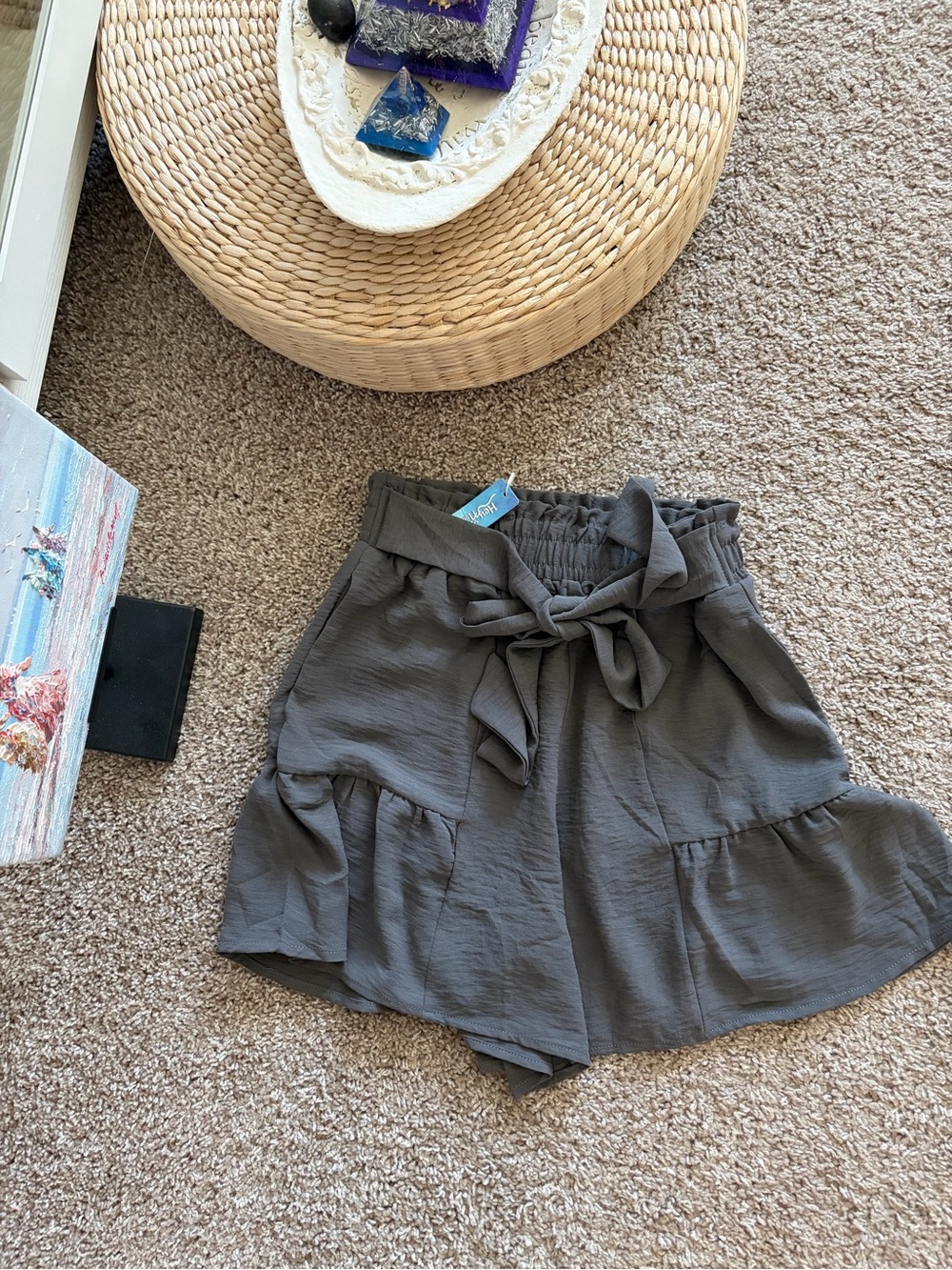 HEY MOMENTS- “New” Ruffle High-Waist Tie-Front Shorts in Charcoal by Unknown